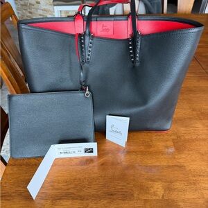 Christian Louboutin Black Pebbled Leather Tote with Red Interior